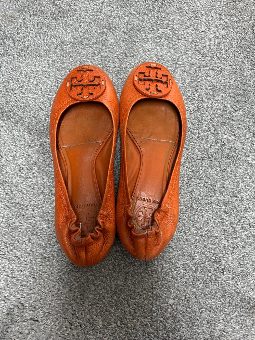 Tory Burch Bright Orange Leather Logo Ballet Flats